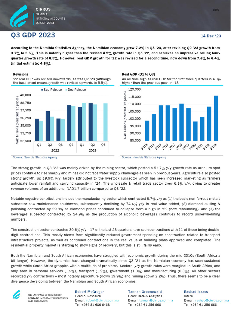 Namibia Q3 GDP 2023 | Download Free PDF | Economic Growth | Recession