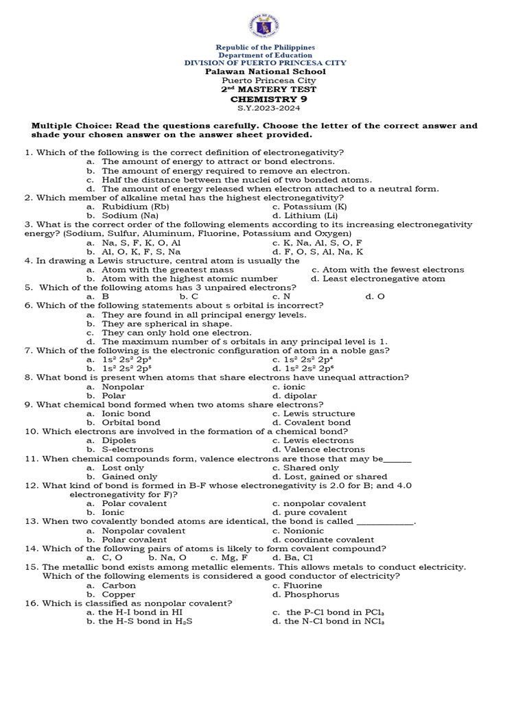 2nd mastery test chemistry pdf chemical bond chemical polarity