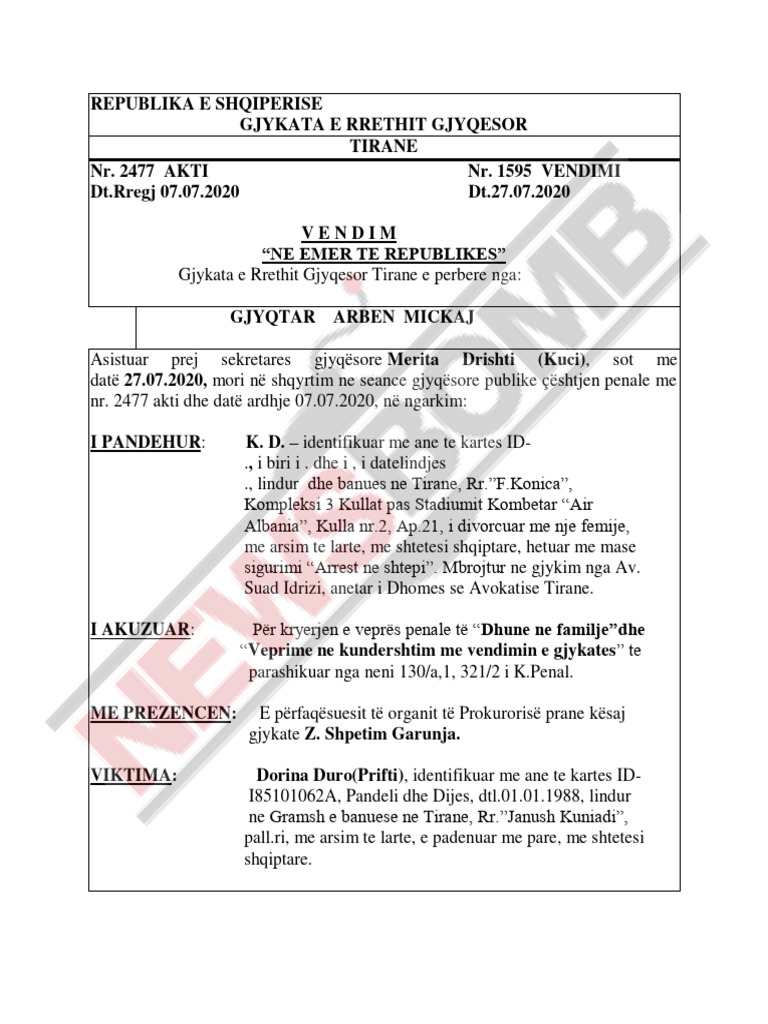 Vendimi I Gjykatës Së Tiranës Për Dënimin e Klodian Duros | PDF