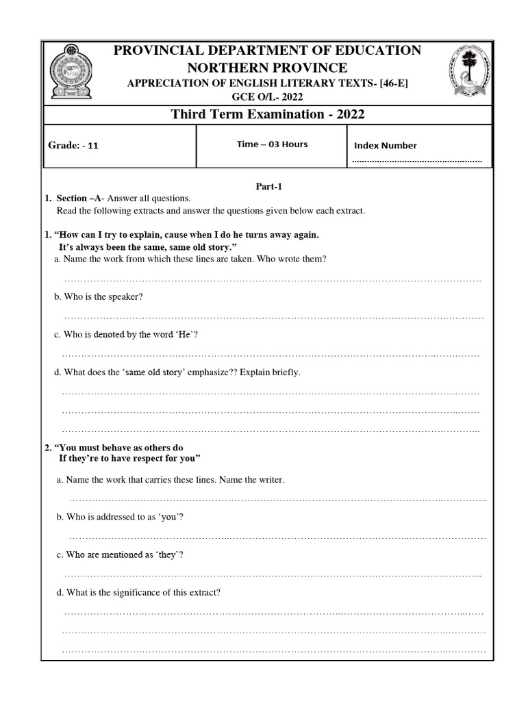English Literature Grade 11 Third Term Test 2022 Northern