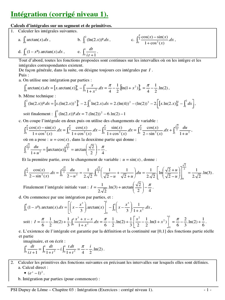 Exercices corrigés d'intégration | PDF