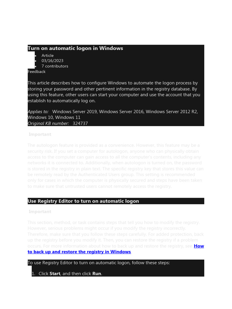 Turn On Automatic Logon in Windows 10 Download Free PDF Windows Registry Utility Software