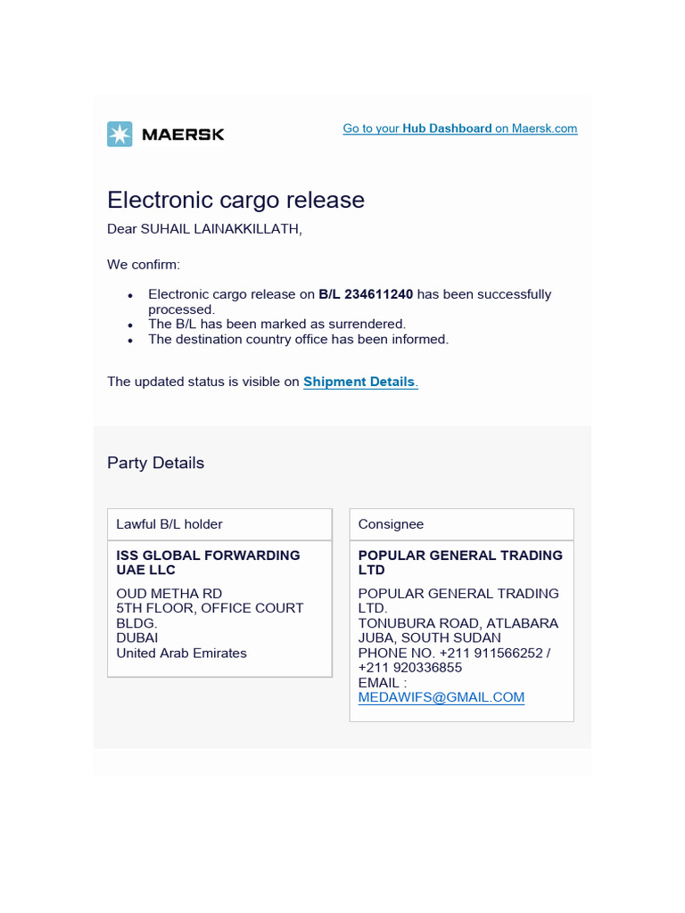 Maersk Electronic Cargo Release Notice | PDF | Bill Of Lading | Cargo