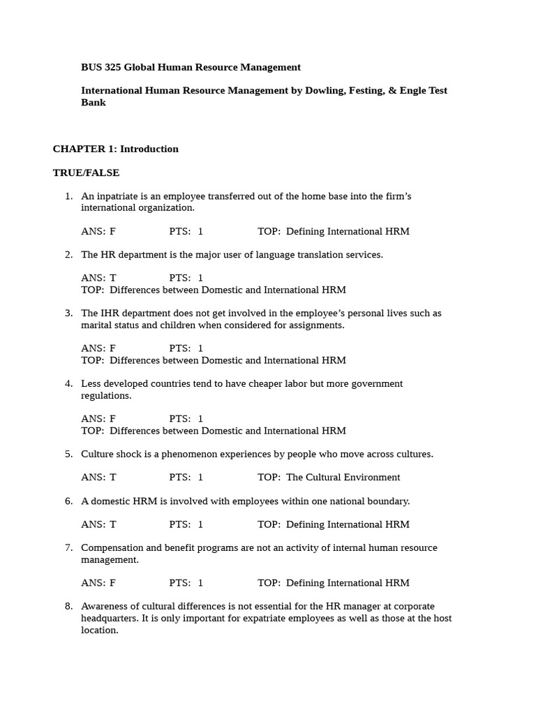 International HRM Test Bank Insights | PDF | Human Resource Management ...