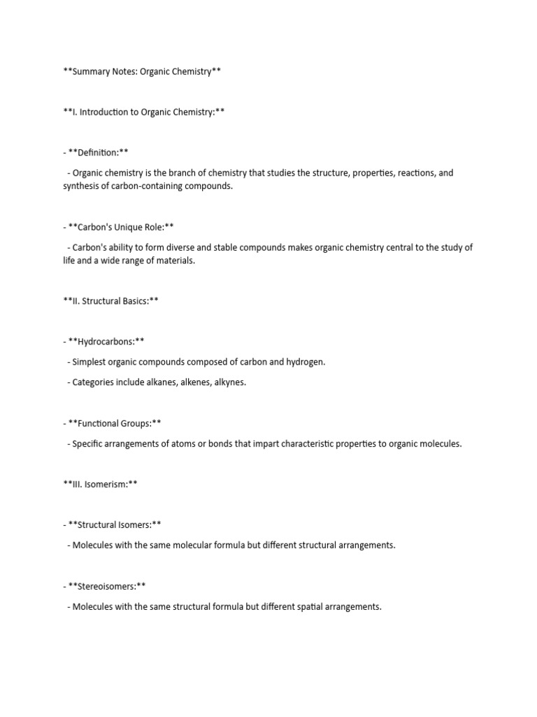 Organic Chemistry Summary Notes PDF | PDF | Chemistry | Organic Chemistry