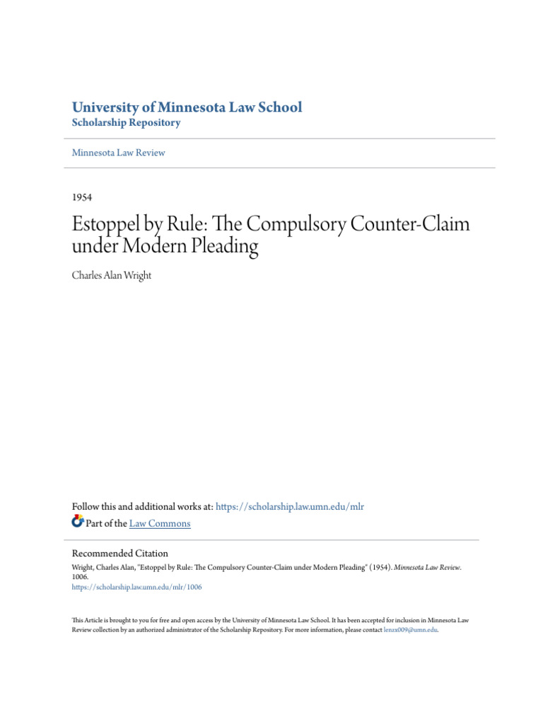 Estoppel by Rule: The Compulsory Counter-Claim Under Modern Pleading ...