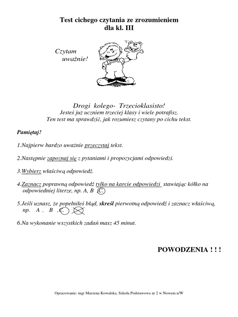 Test Czytanie KL - III 2 | PDF
