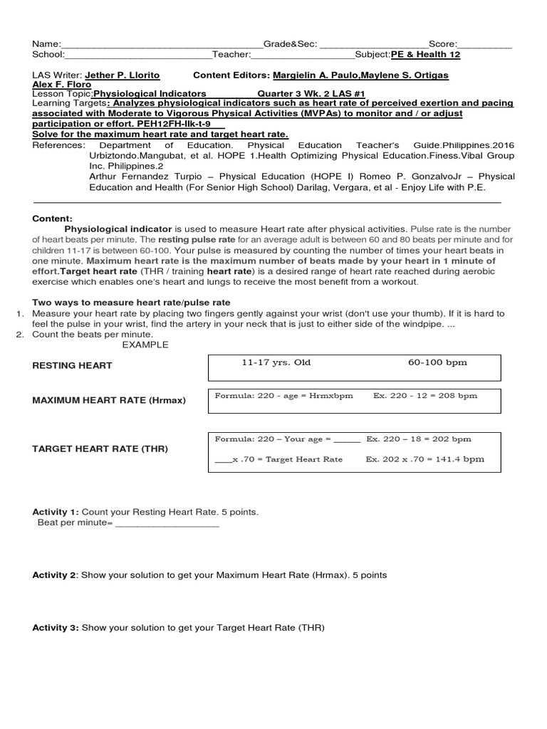 Pe 12 Week 2 Las 1 | PDF | Heart Rate | Pulse