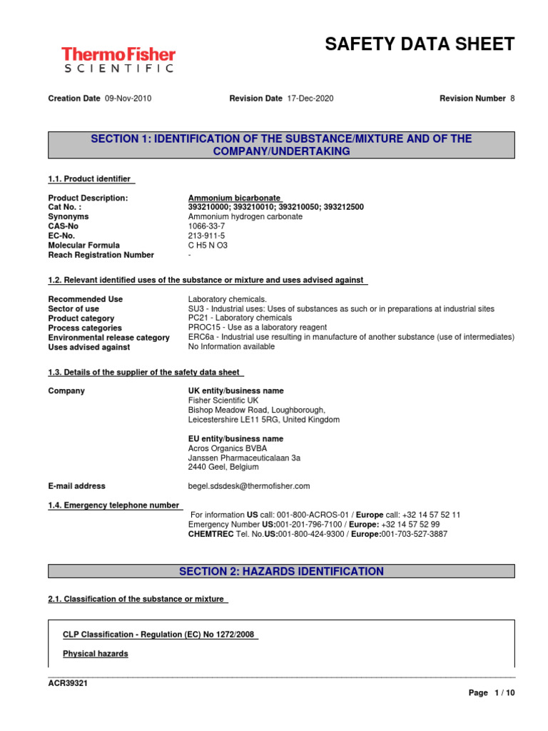 Ammonium Bicarbonate MSDS PDF Personal Protective Equipment Toxicity