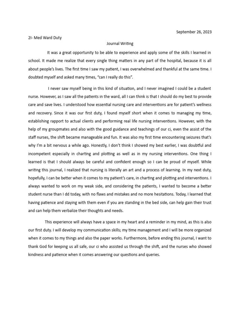 Med Ward Duty Reflection Journal | PDF | Nursing | Health Care