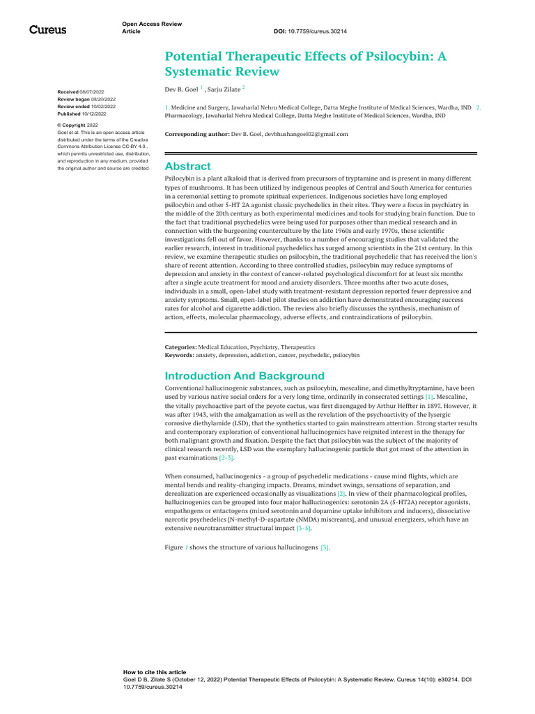 1 2potential Therapeutic Effects Of Psilocybin A Systematic Review