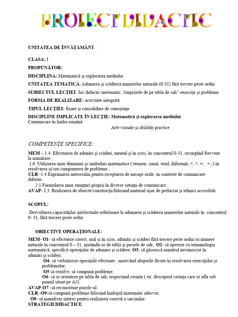 Proiect Didactic Sah | PDF
