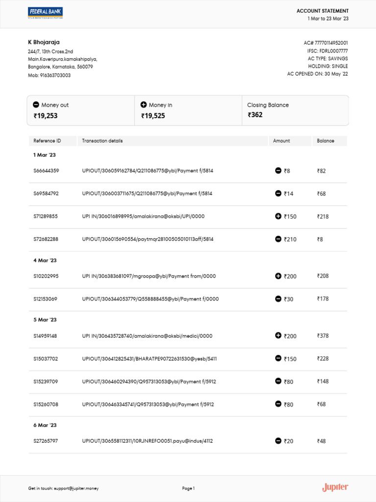 Jupiter Account Statement Summary | PDF | Payments | Financial Services