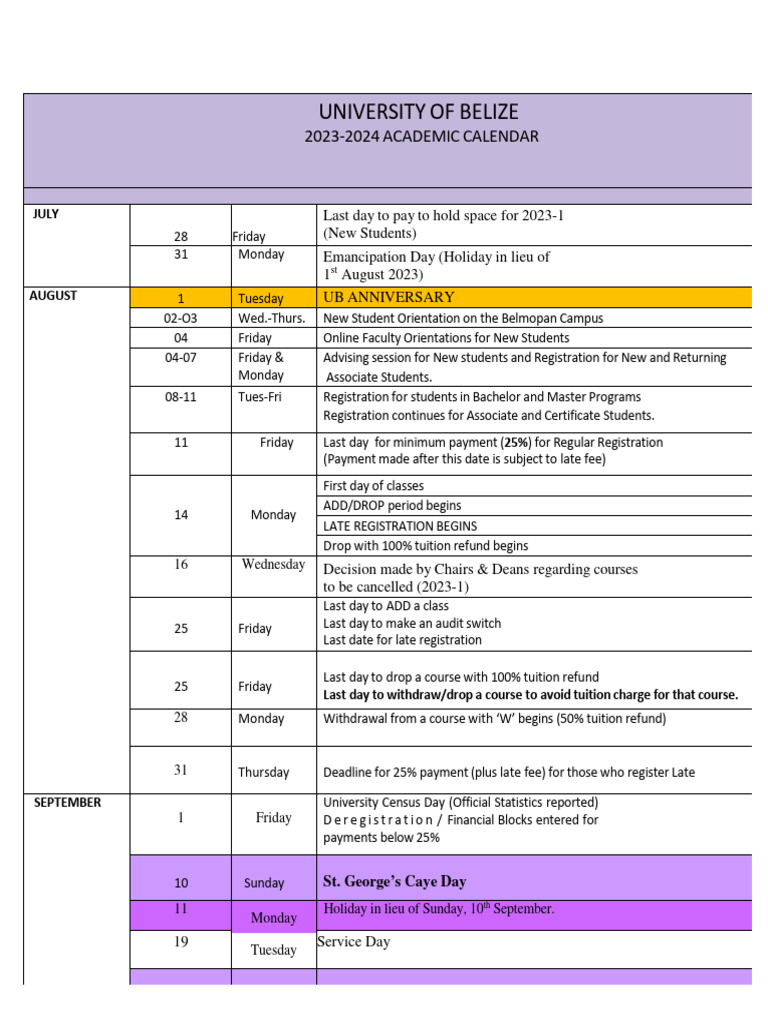 University of Belize Academic Calendar 2023-24 | PDF