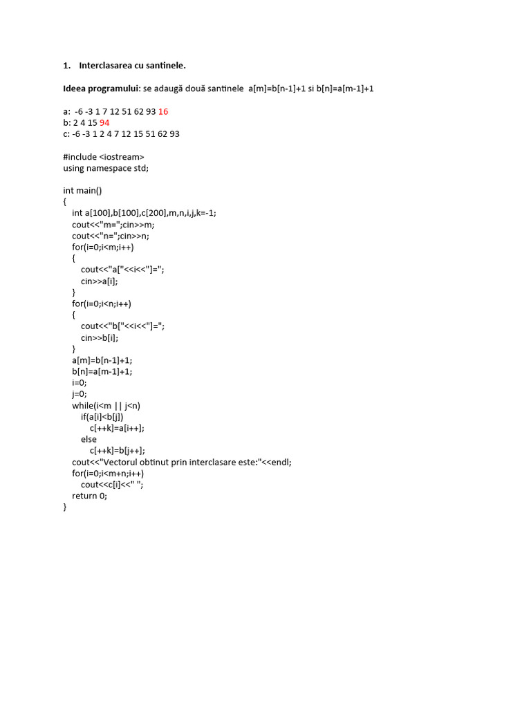 Interclasare cu Santinele în C++ | PDF