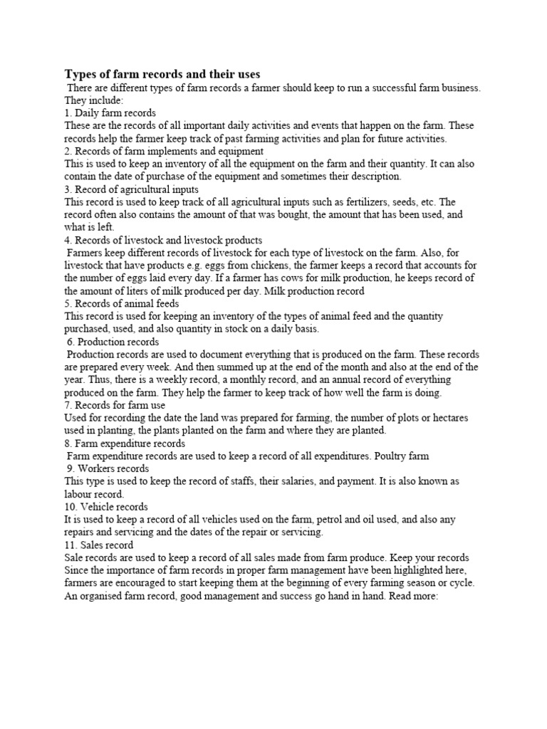 Types of Farm Records and Their Uses PDF Livestock Farms