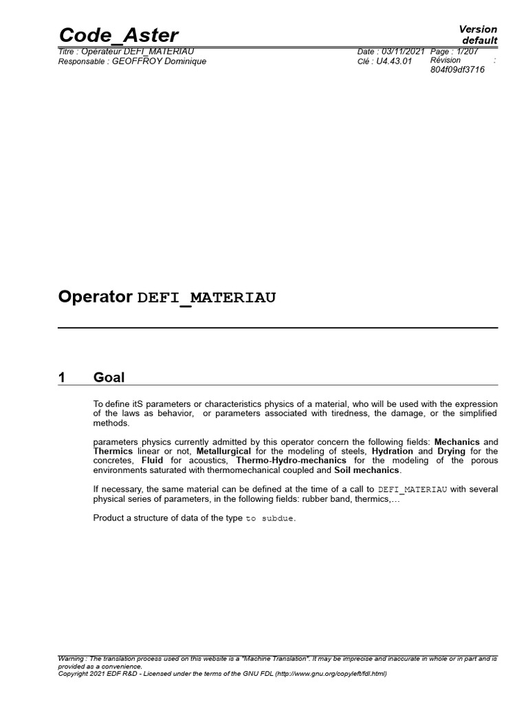Code - Aster: Operator DEFI - MATERIAU | PDF | Physical Sciences