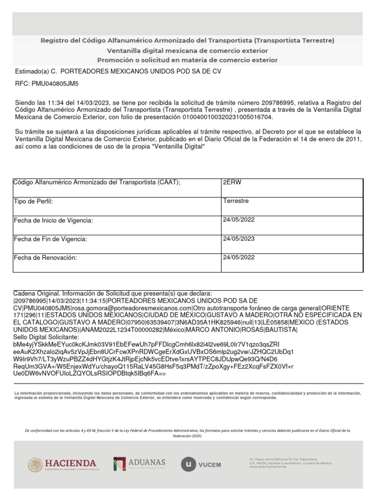 Registro del CAAT para Porteadores | PDF | México | Ciudad de México