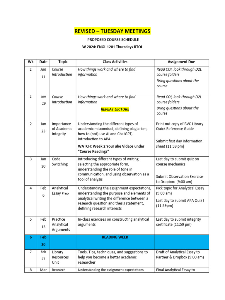 Revised Course Schedule for ENGL 1201 | PDF