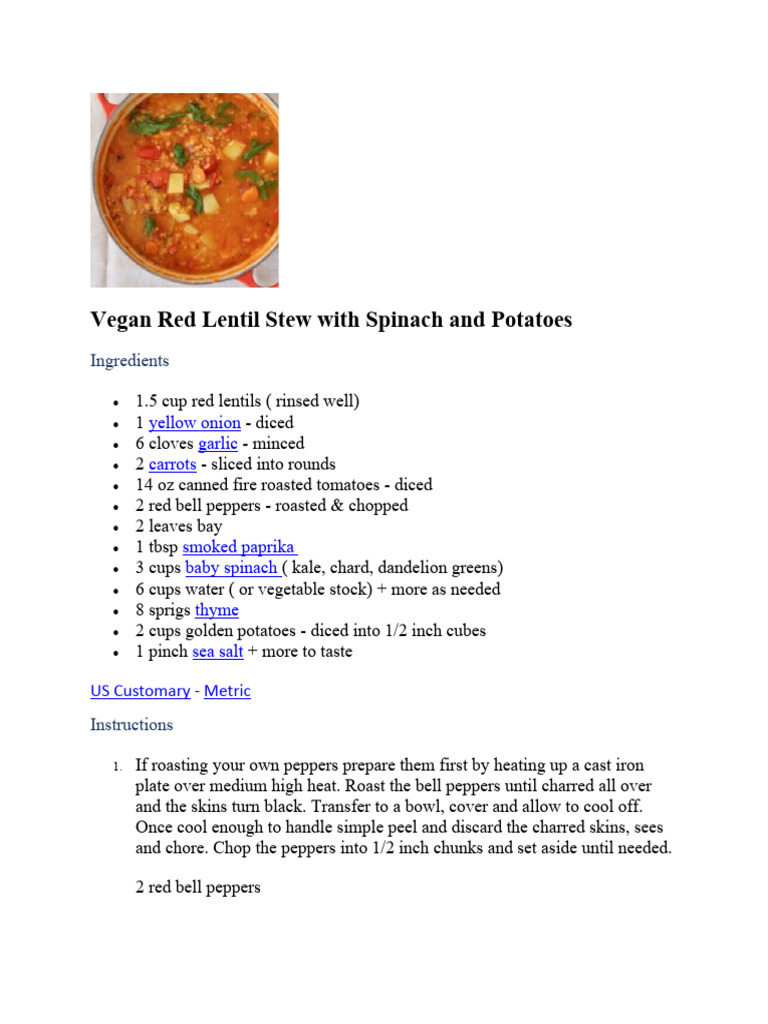 Vegan Red Lentil Stew Recipe | PDF | Cooking, Food & Wine | Home & Garden