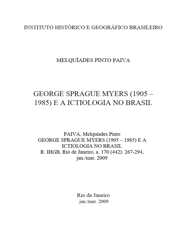 George Sprague Myers (1905 - 1985) e A Ictiologia No Brasil | PDF | Rio ...