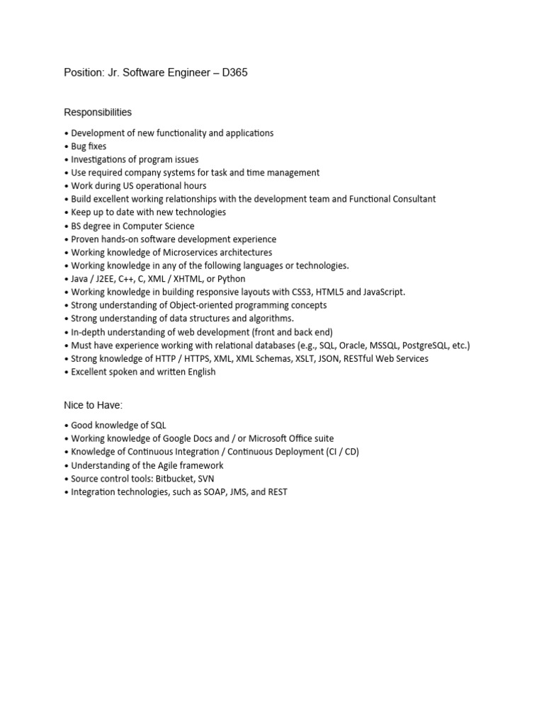 Jr. Software Engineer Role - D365 | PDF | Art | Computers