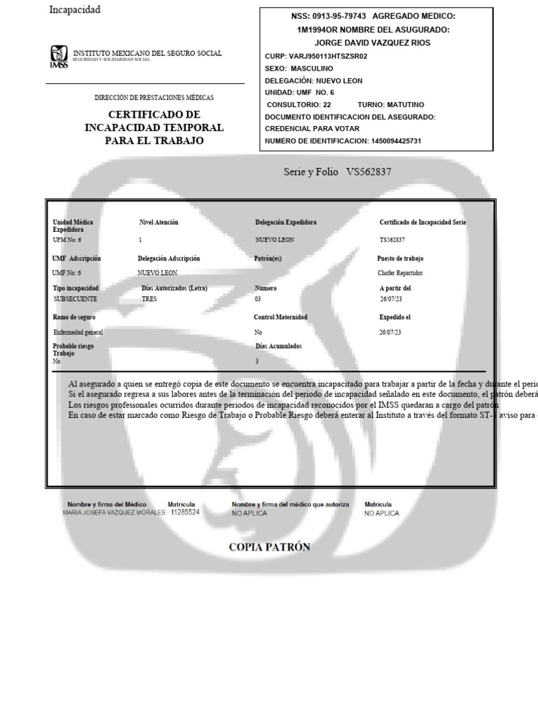 Certificado de Incapacidad IMSS | PDF