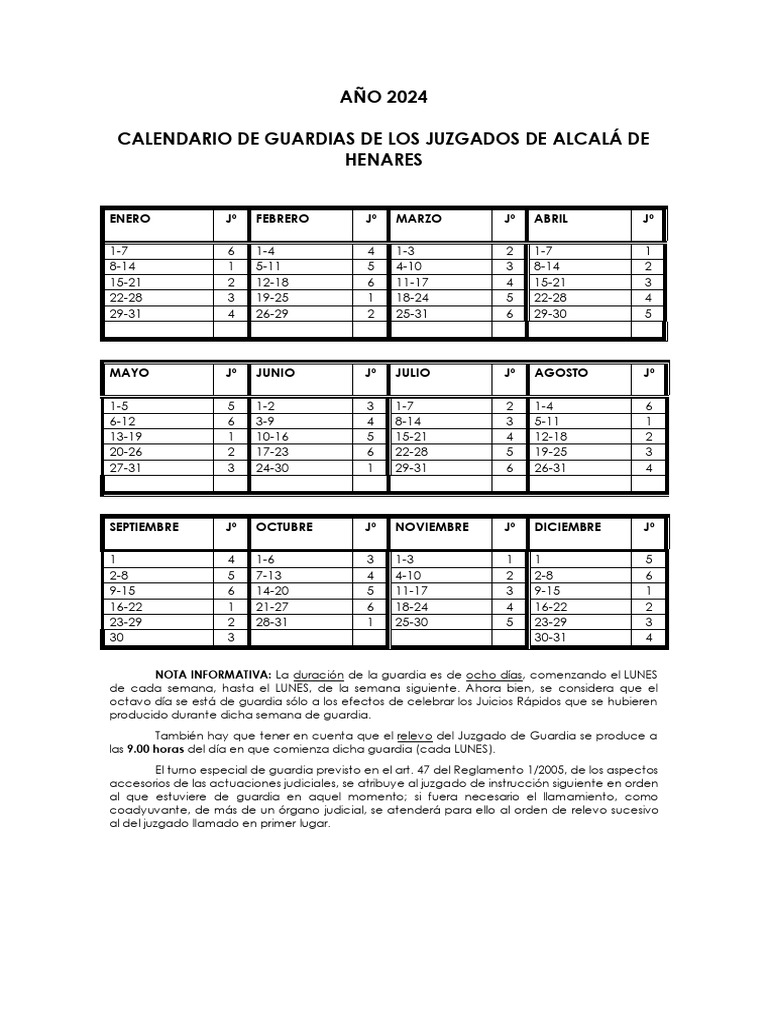 Calendario de los juzgados de guardia madrid 2024 periferia madrid