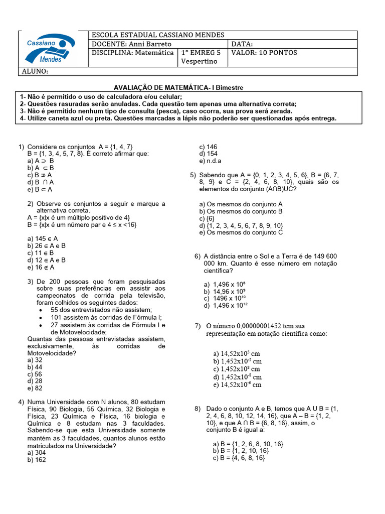 AVALIAÇÃO de Matemática Do 1 Ano Ensino Médio | PDF | Matemática