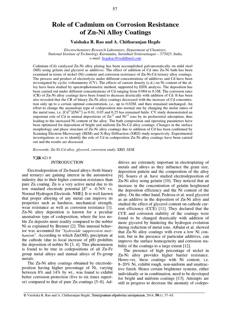 Role of Cadmium On Corrosion Resistance of ZnNi Alloy Coatings PDF