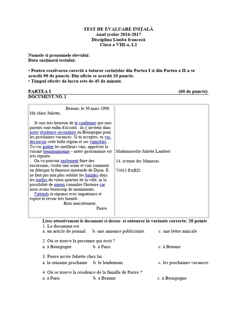 Test initial limba franceza clasa 8 L2 | PDF | Linguistique ...