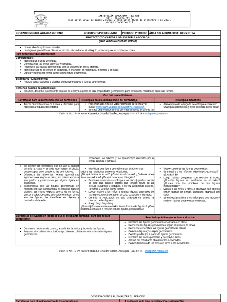 Formato Plan de Aula GEOMETRIA. | PDF