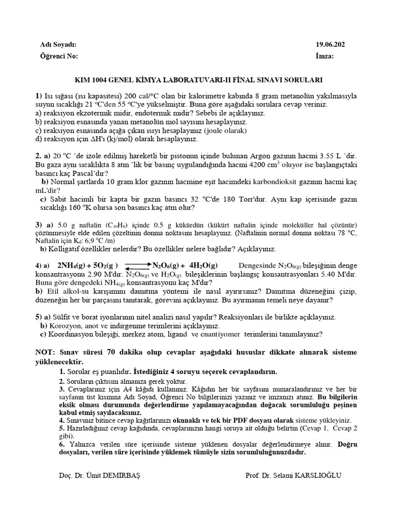Gen Kim Lab II Final Sınavı Soruları | PDF