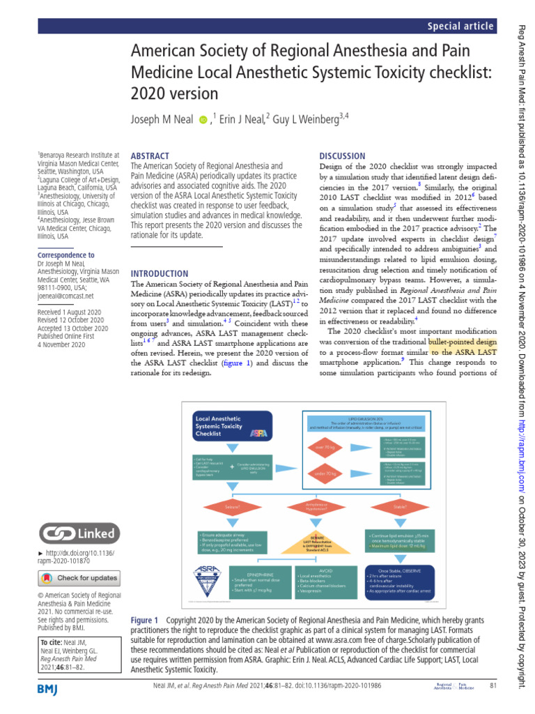 ASRA Medicine Local Anesthetic Systemic Toxicity checklist PDF