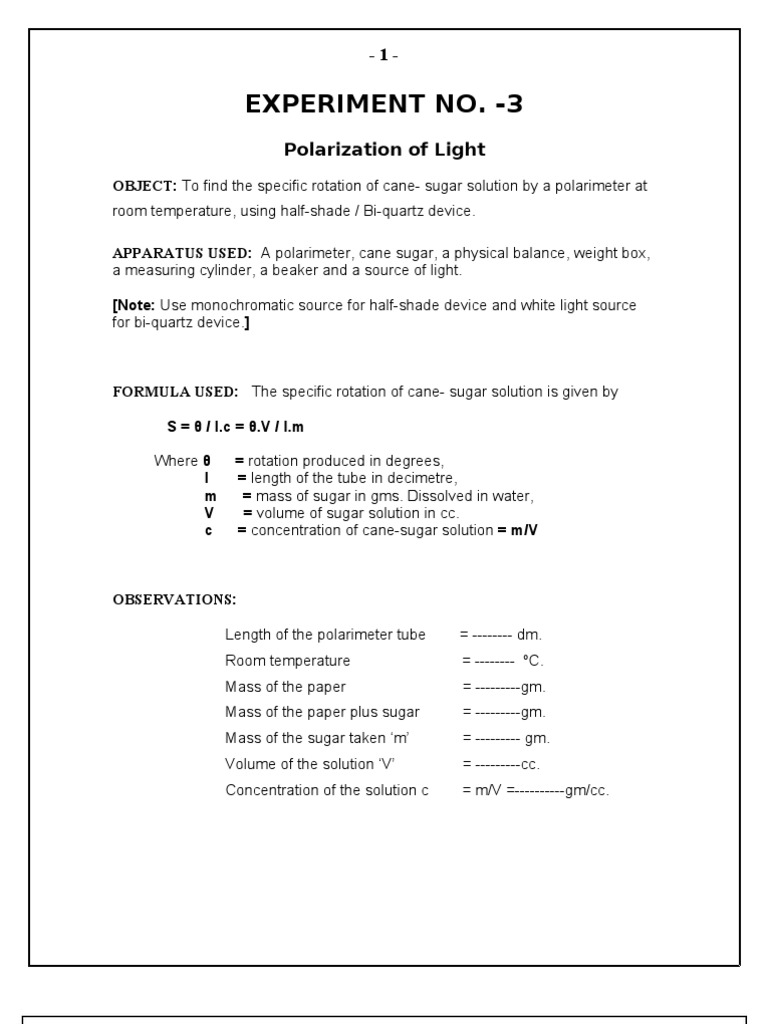 Specific Rotation By Polarimeter Optics Chemistry