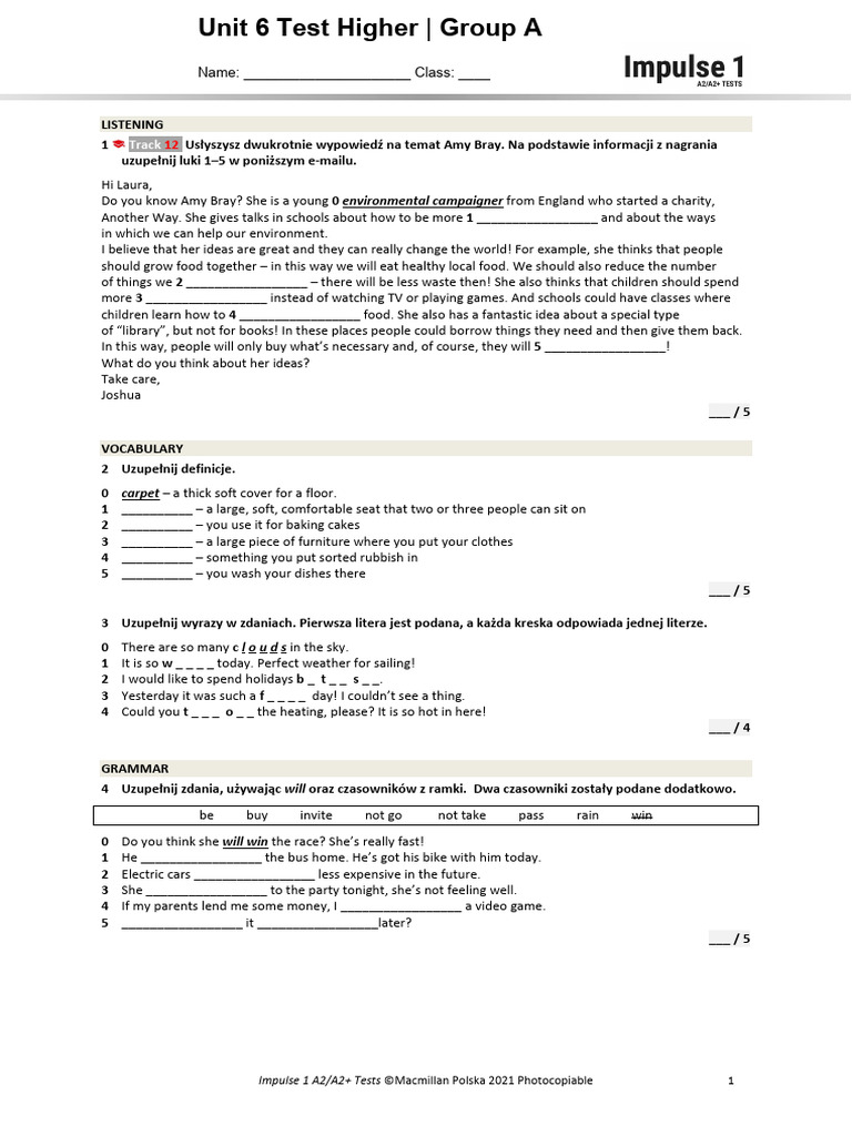 Impulse 1 Unit 6 Test Higher | PDF | Career & Growth