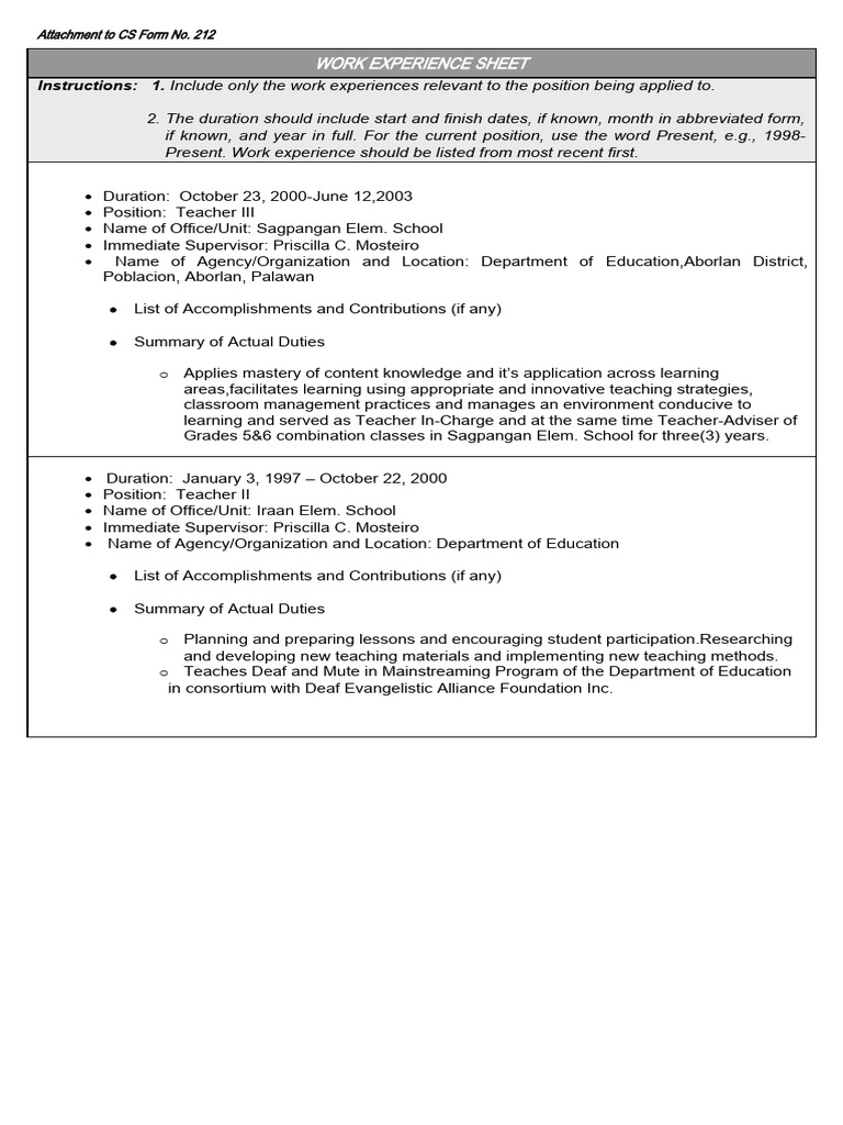 Teacher III Work Experience Summary | PDF | Career & Growth