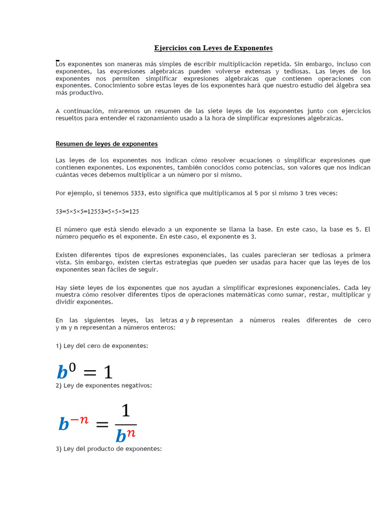 Ejercicios Con Leyes De Exponentes Pdf Exponenciación Multiplicación