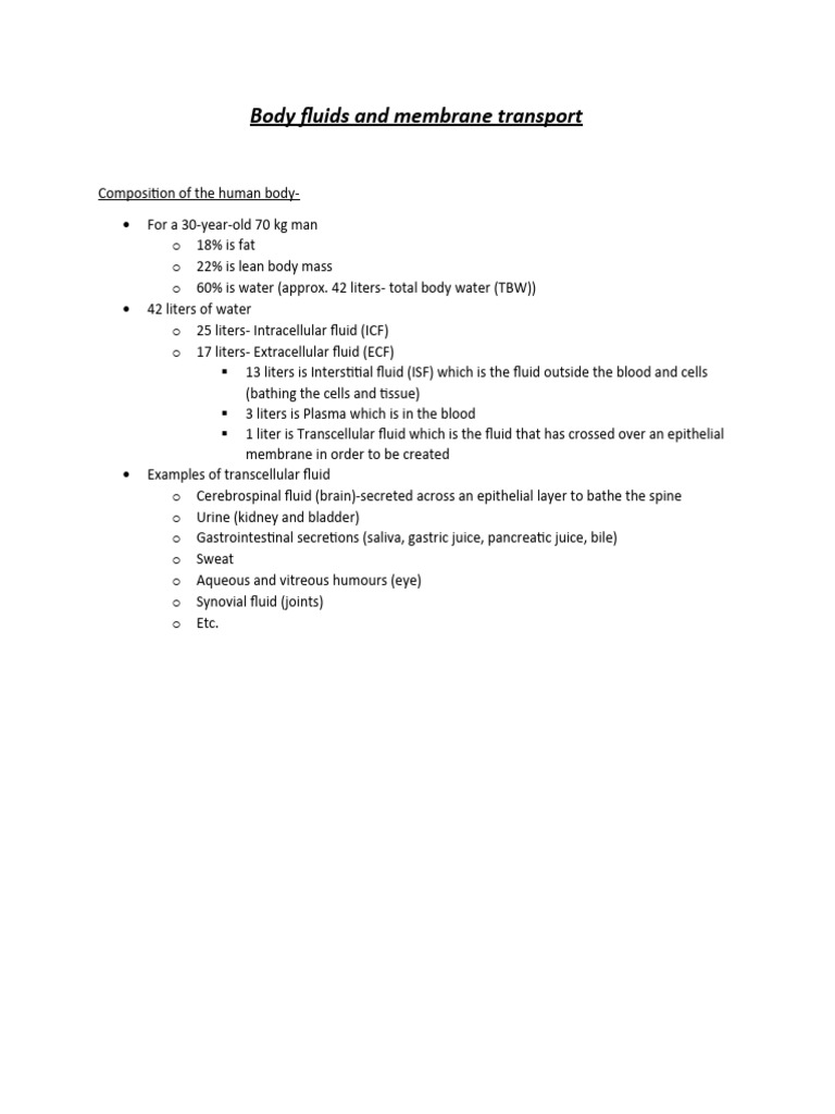 Lecture 2 body fluids and membrane transport pdf cell membrane