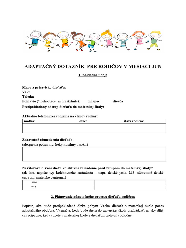 Adaptačný Dotazník Pre Rodičov | PDF