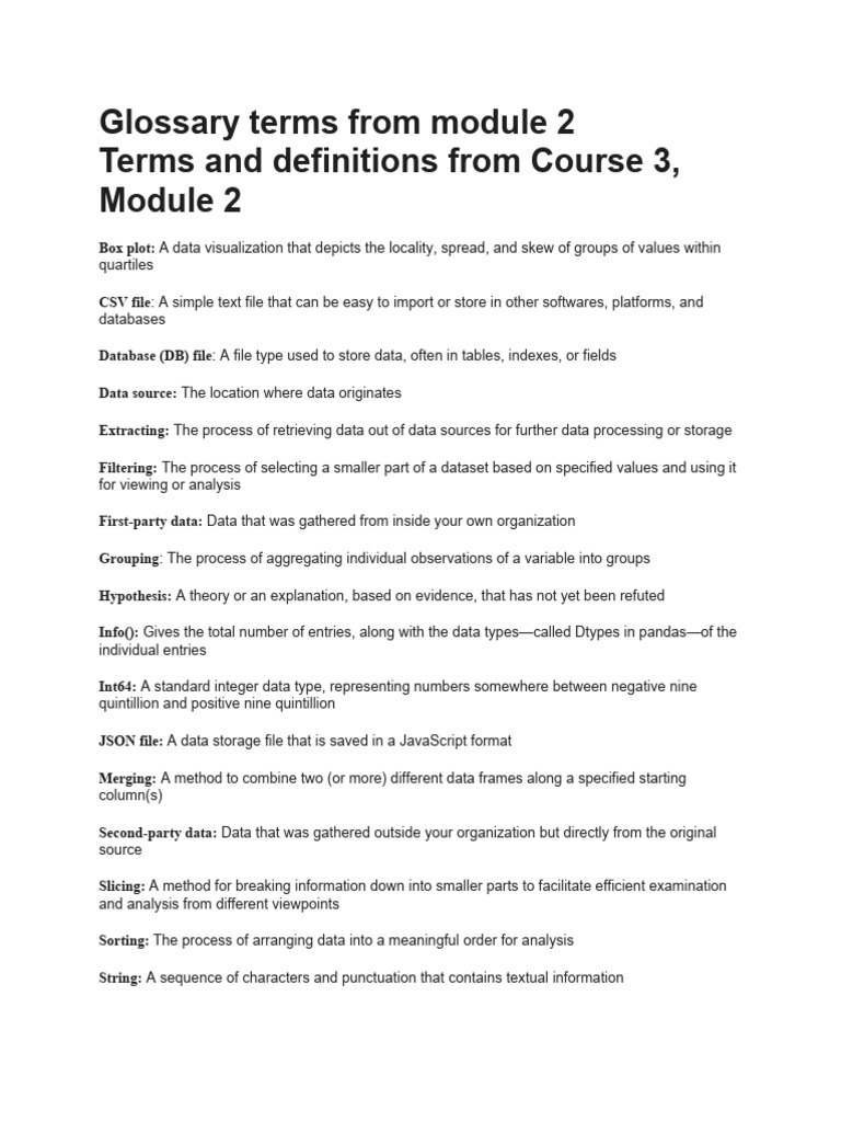 Glossary terms from module 2 pdf data analysis data