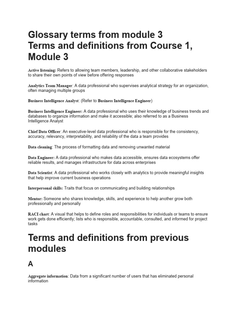 Terms and Definitions From Course 1, Module 3 | PDF | Data | Business ...