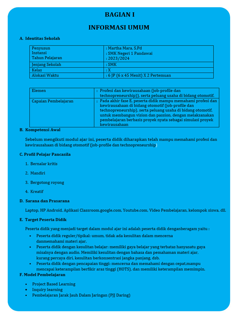 Modul Ajar Elemen 3 Profesi Dan Kewirausahaan Job Profile Dan