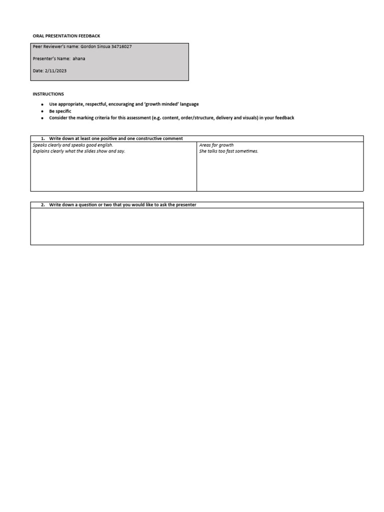 Oral Presentation Feedback Form (1) | PDF