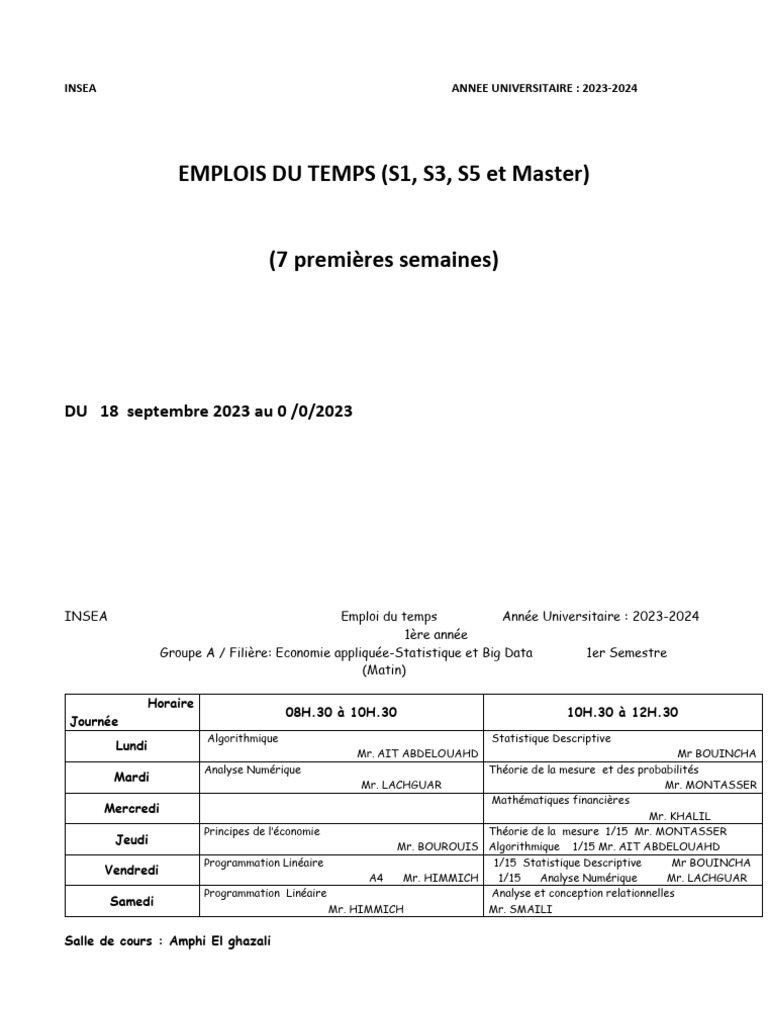 Emploi du Temps INSEA 2023-2024 | PDF | Informatique | Méthodes ...