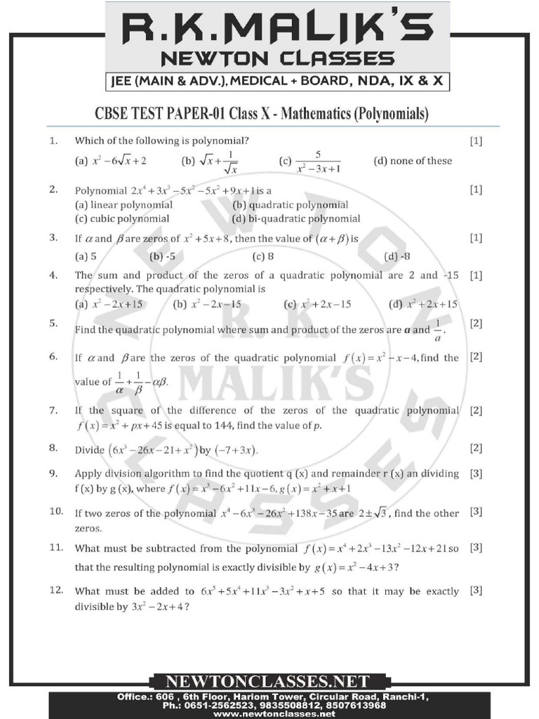 RK Malik Polynomial Chapter 2 Question Paper | PDF
