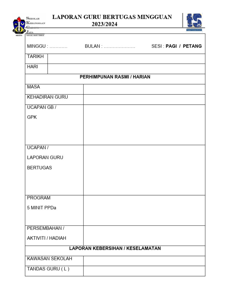 Borang Laporan Guru Bertugas 2023 Pdf