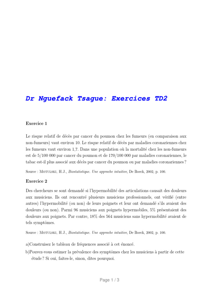 Exercice TD2 | PDF | Risque relatif | Médecine clinique