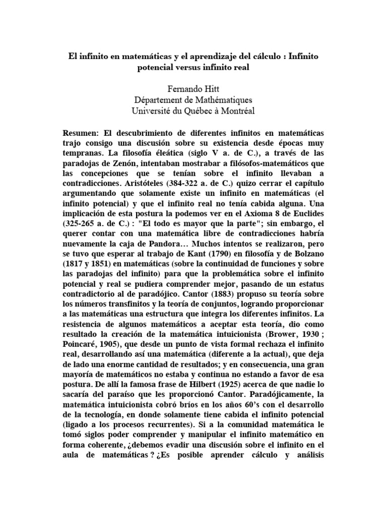 Hitt 2013 el infinito en matem ticas y el aprendizaje del c lculo