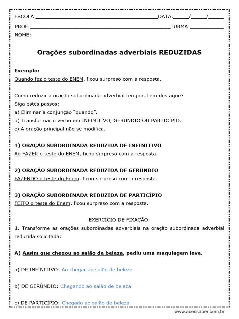 Atividade de Português Orações Subordinadas Adverbiais Reduzidas Com ...